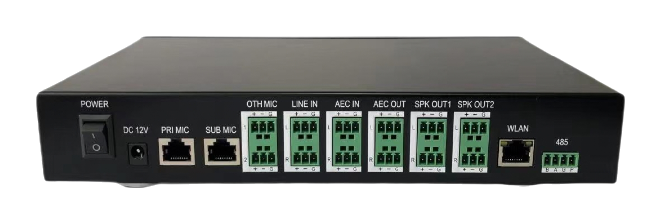 Reach Zone DSP TAP800 rear panel with power switch, DC 12V input, PRI MIC, SUB MIC, OTH MIC, LINE IN, AEC IN, AEC OUT, SPK OUT1 and SPK OUT2 terminal blocks, WLAN and RS485 ports Reach Zone DSP TAP800 rear panel with power switch, DC 12V input, PRI MIC, SUB MIC, OTH MIC, LINE IN, AEC IN, AEC OUT, SPK OUT1 and SPK OUT2 terminal blocks, WLAN and RS485 ports